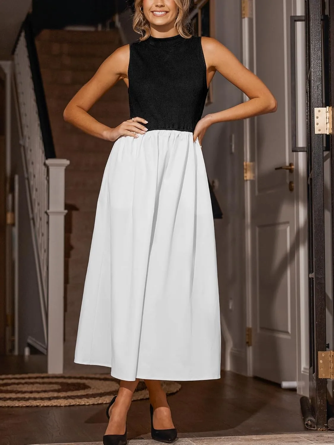 CUPSHE Casual Dress for Women 2025 Round Neck Sleeveless Tank Block Skirt Pockets Maxi Formal Dress