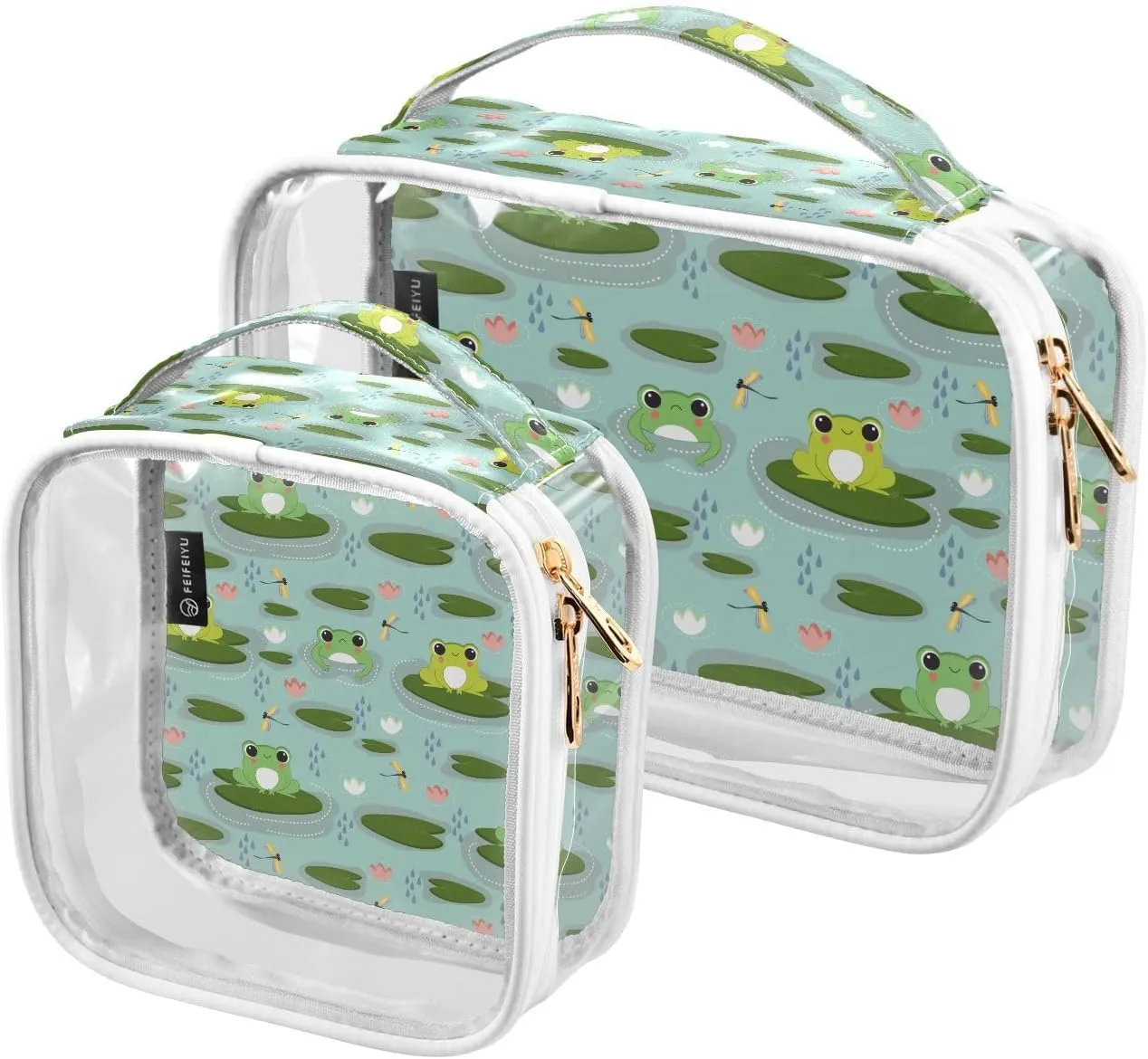Cute-frog-friend-pattern 2 Pack Clear Toiletry Bag Women Men, Portable Waterproof Clear Pouch, Cosmetic Bag with Double Zippers Large Opening Traveling with Handle for Bathroom Traveling Vacation Orga