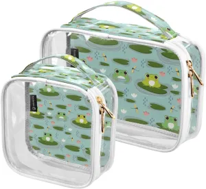 Cute-frog-friend-pattern 2 Pack Clear Toiletry Bag Women Men, Portable Waterproof Clear Pouch, Cosmetic Bag with Double Zippers Large Opening Traveling with Handle for Bathroom Traveling Vacation Orga