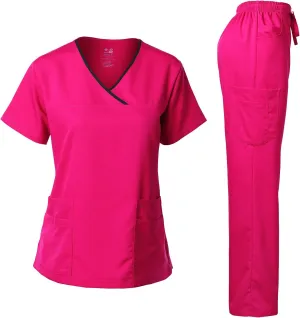 Dagacci Medical Uniform Women's Scrub Set Stretch Contrast Binding Top and Pants