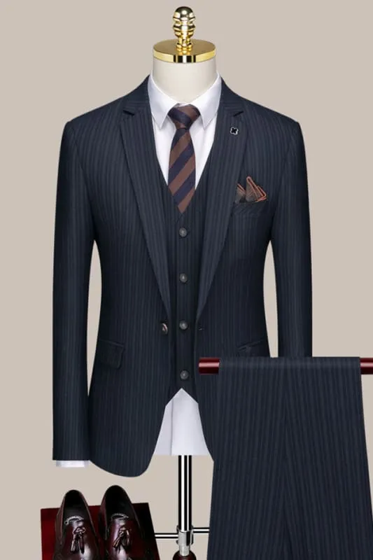 Dark Blue Notched Lapel Three Pieces Striped Formal Business Suits