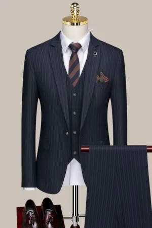 Dark Blue Notched Lapel Three Pieces Striped Formal Business Suits