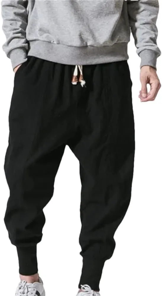 Dcvmvmn Men Cotton Harem Pants Solid Elastic Joggers Baggy Casual Trousers Black