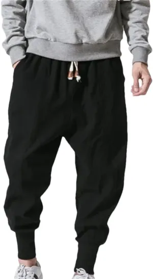 Dcvmvmn Men Cotton Harem Pants Solid Elastic Joggers Baggy Casual Trousers Black