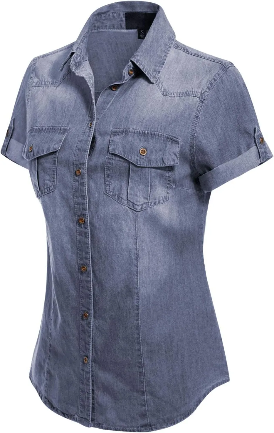 Design by Olivia Women's Cap Sleeve Button Down Denim Chambray Shirt