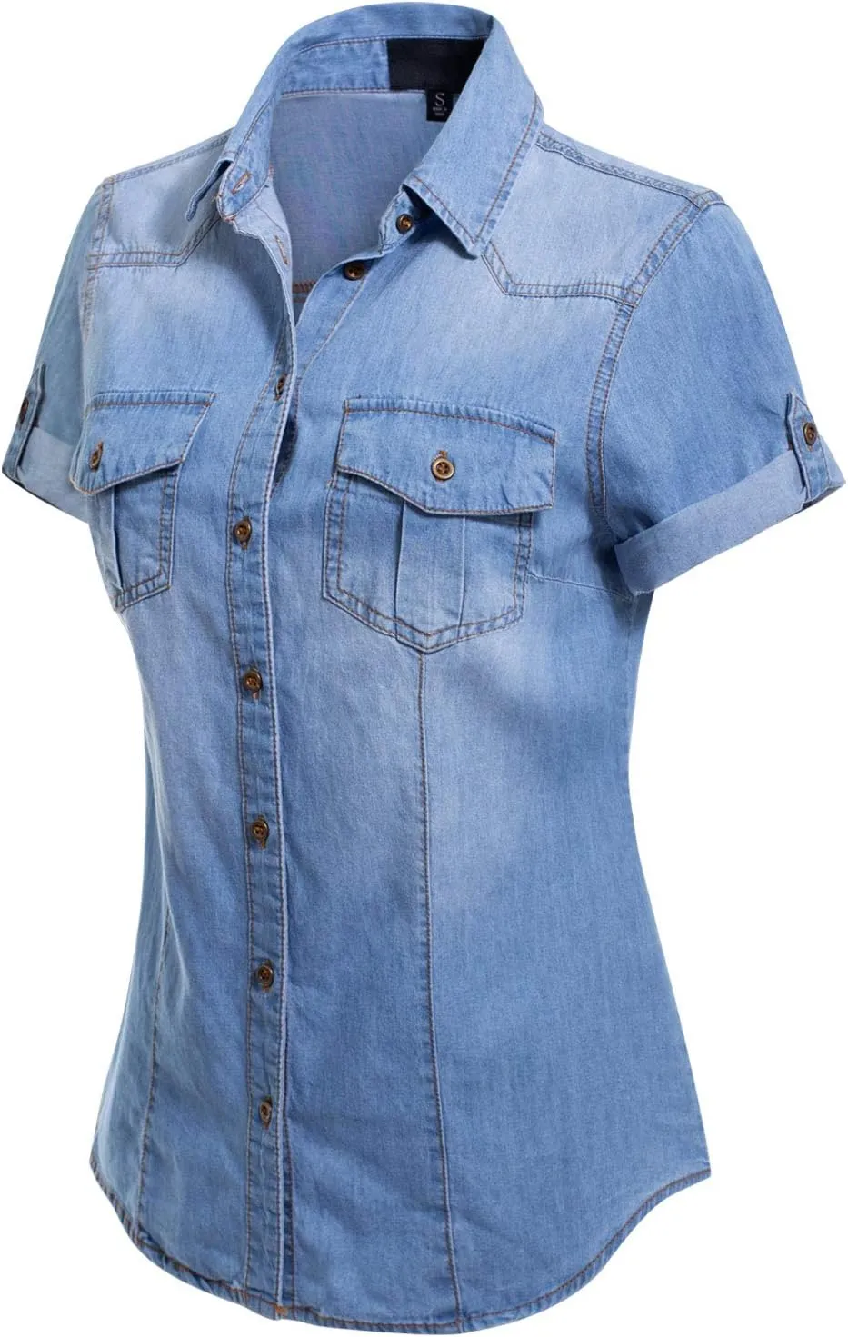 Design by Olivia Women's Cap Sleeve Button Down Denim Chambray Shirt