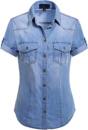 Design by Olivia Women's Cap Sleeve Button Down Denim Chambray Shirt