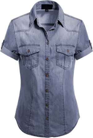 Design by Olivia Women's Cap Sleeve Button Down Denim Chambray Shirt