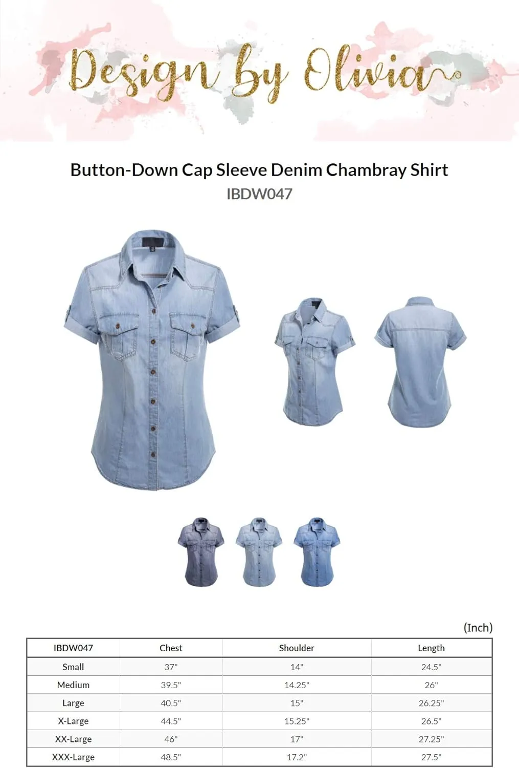 Design by Olivia Women's Cap Sleeve Button Down Denim Chambray Shirt