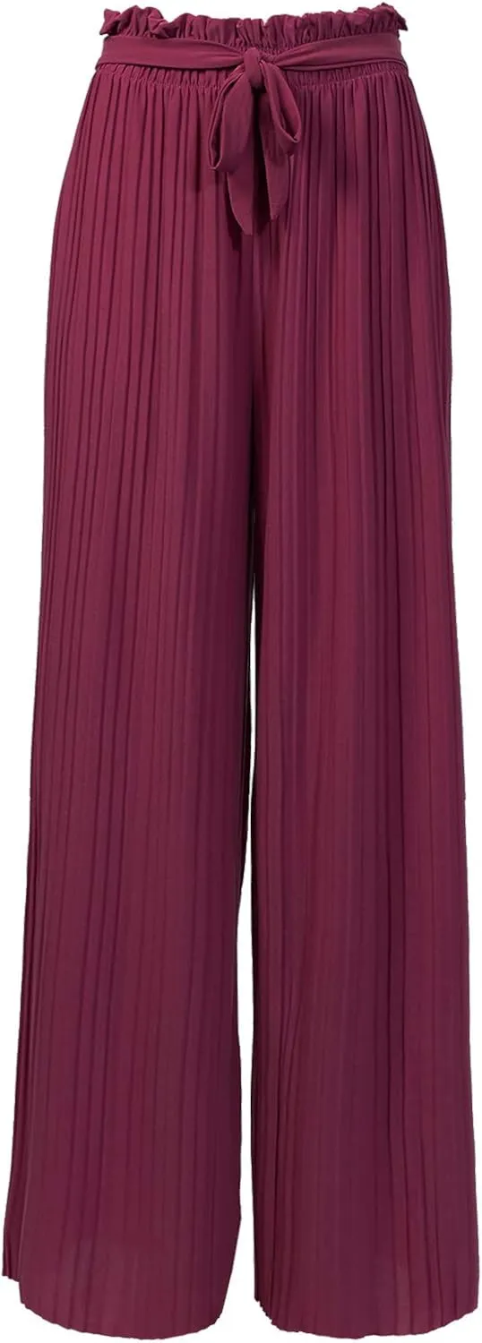 Design by Olivia Women's Ribbon Tie Chiffon Loose Pleated Wide Leg Palazzo Pants