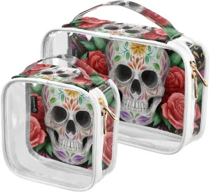 Dia-de-muertos-print 2 Pack Clear Toiletry Bag Women Men, Portable Waterproof Clear Pouch, Cosmetic Bag with Double Zippers Large Opening Traveling with Handle for Bathroom Traveling Vacation Organizi
