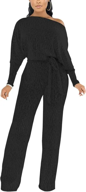 DinyIn Black Sequin Jumpsuits for Women Elegant Sparkly Jumpsuit Party Wide Leg Long Pants One Shoulder Club Outfits Rompers with Belt