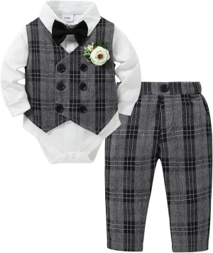 DISAUR Baby Boy Clothes Suits 5PC Infant Gentleman Outfit Dress Shirt Bowtie Vest Corsage Pants Wedding Baby Suit