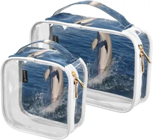 Dolphin Pattern 2 Pack Clear Toiletry Bag Women Men, Portable Waterproof Clear Pouch, Cosmetic Bag with Double Zippers Large Opening Traveling with Handle for Bathroom Traveling Vacation Organizing