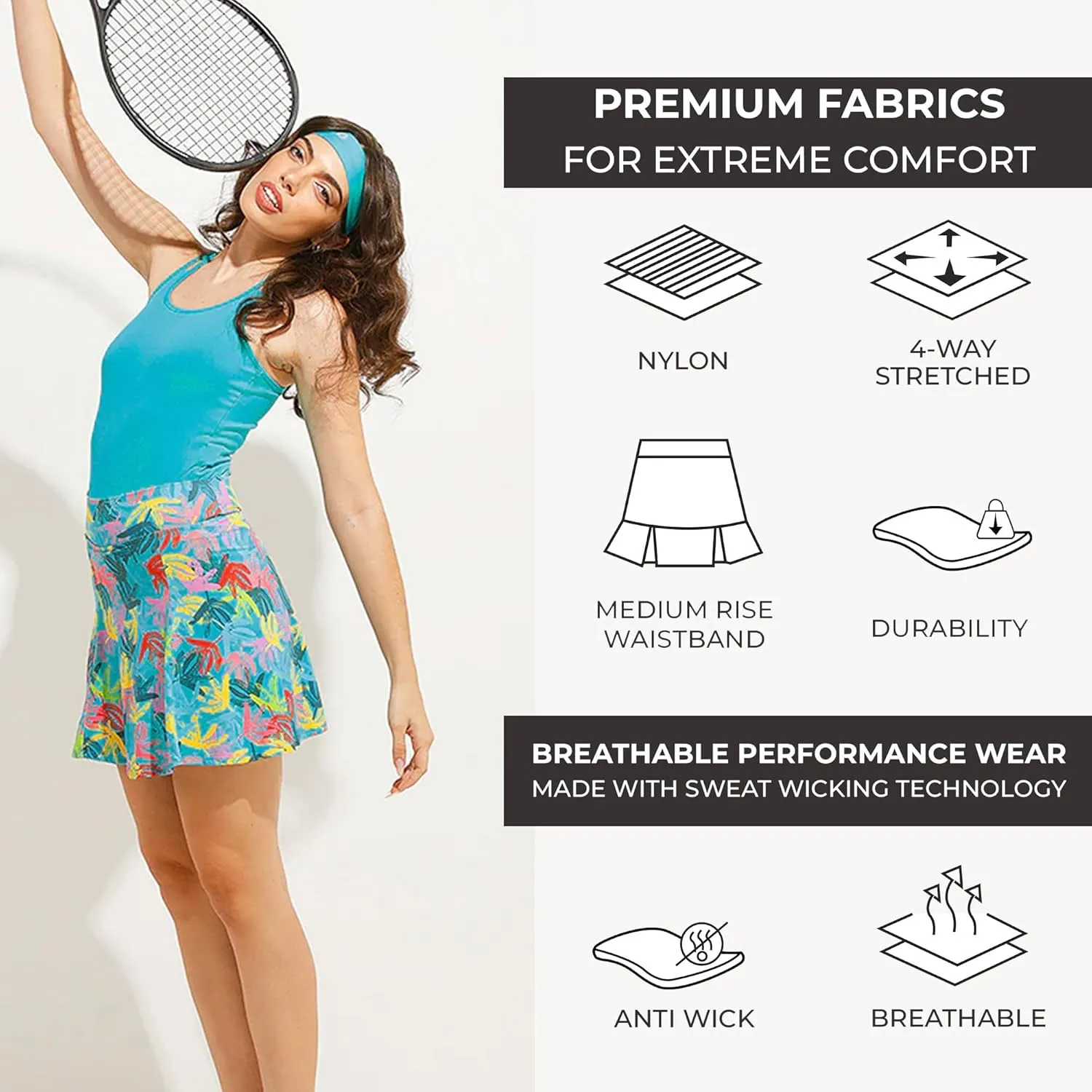 Dona Jo Ultimate Women's Active Performance Dri Fit Skirt - A-line Tennis and Golf Skort w/Shorts & Pockets for Sports
