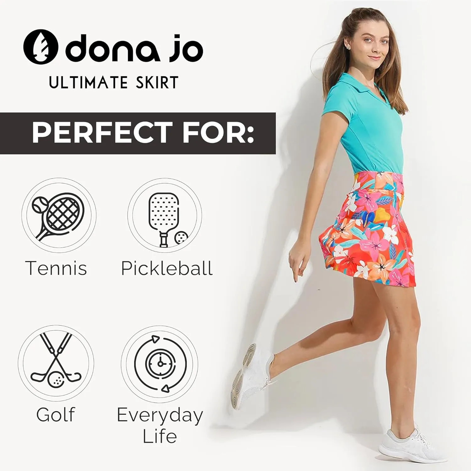 Dona Jo Ultimate Women's Active Performance Dri Fit Skirt - A-line Tennis and Golf Skort w/Shorts & Pockets for Sports