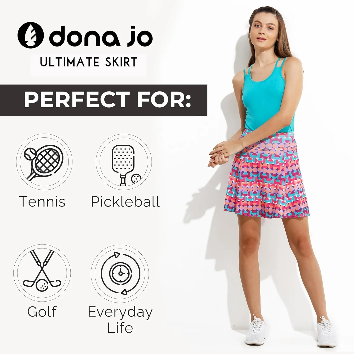 Dona Jo Ultimate Women's Active Performance Dri Fit Skirt - A-line Tennis and Golf Skort w/Shorts & Pockets for Sports