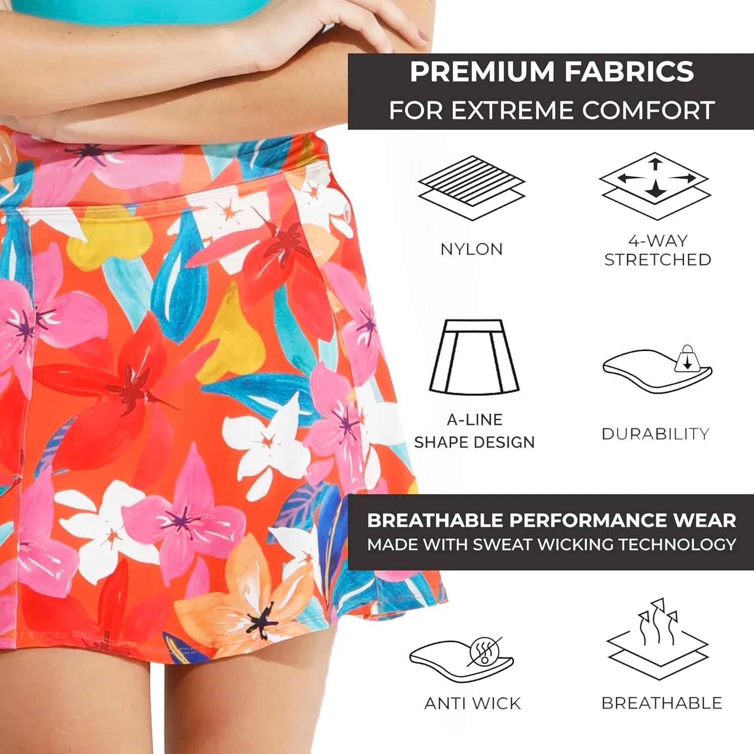 Dona Jo Ultimate Women's Active Performance Dri Fit Skirt - A-line Tennis and Golf Skort w/Shorts & Pockets for Sports
