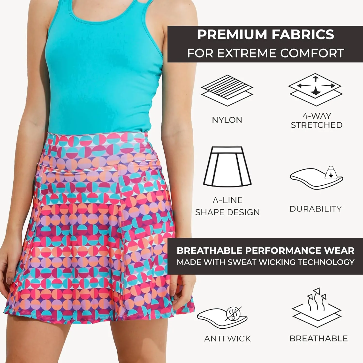 Dona Jo Ultimate Women's Active Performance Dri Fit Skirt - A-line Tennis and Golf Skort w/Shorts & Pockets for Sports