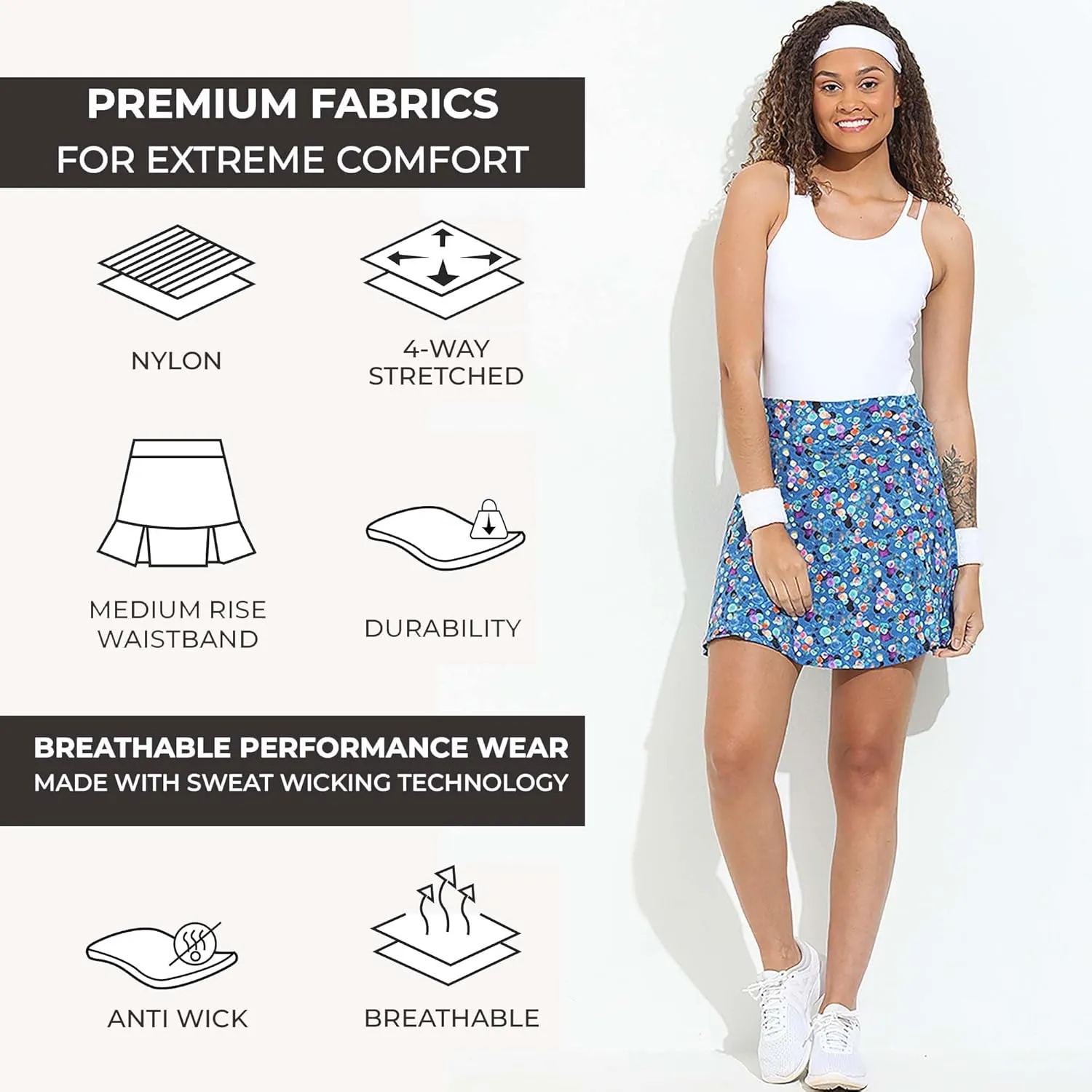 Dona Jo Ultimate Women's Active Performance Dri Fit Skirt - A-line Tennis and Golf Skort w/Shorts & Pockets for Sports