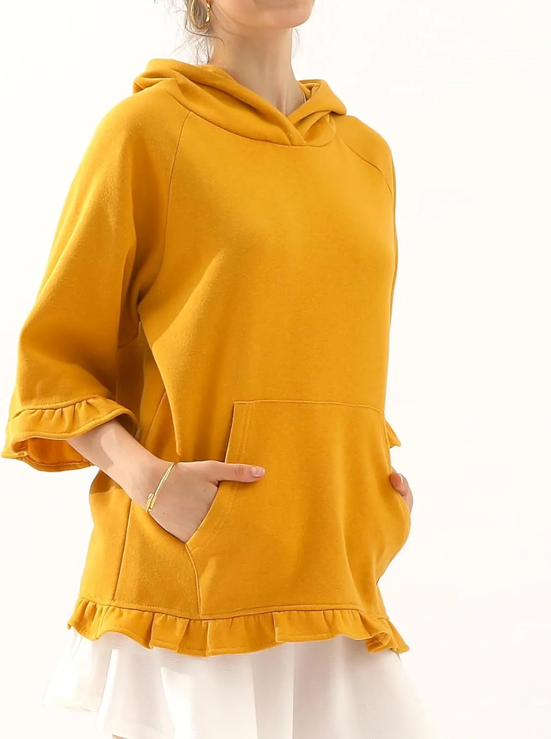 DOUBLJU 2 Pack Casual 3/4 Ruffled Sleeve Oversized Hoodie Sweatshirt Basic Loose Tops with Pocket Workout Sets for Women