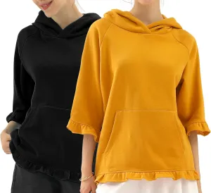 DOUBLJU 2 Pack Casual 3/4 Ruffled Sleeve Oversized Hoodie Sweatshirt Basic Loose Tops with Pocket Workout Sets for Women