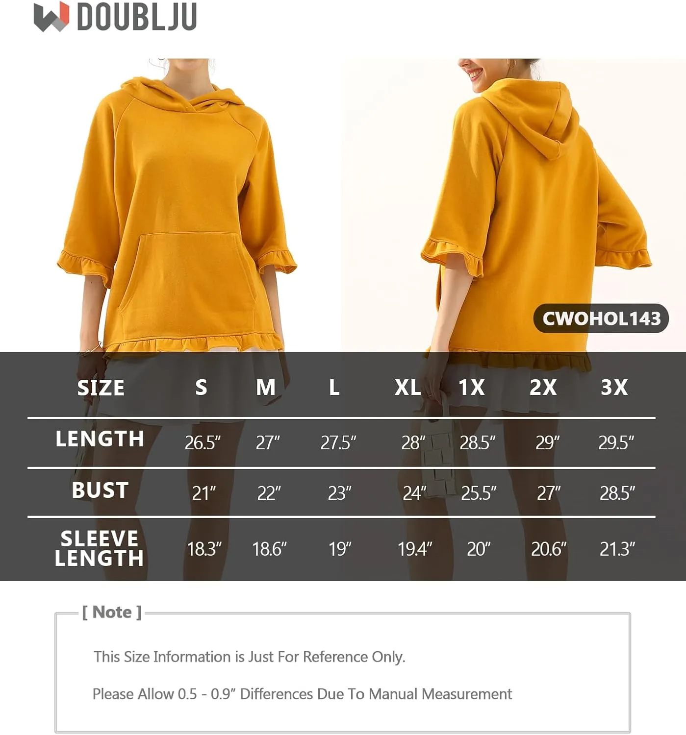 DOUBLJU 2 Pack Casual 3/4 Ruffled Sleeve Oversized Hoodie Sweatshirt Basic Loose Tops with Pocket Workout Sets for Women
