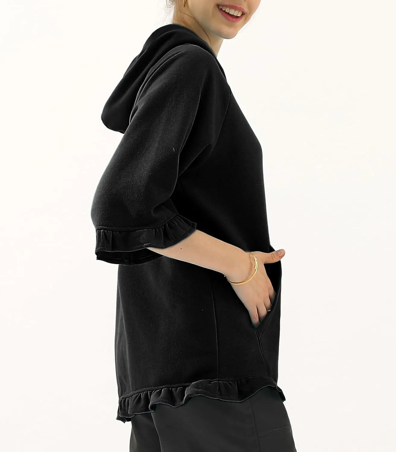 DOUBLJU 2 Pack Casual 3/4 Ruffled Sleeve Oversized Hoodie Sweatshirt Basic Loose Tops with Pocket Workout Sets for Women