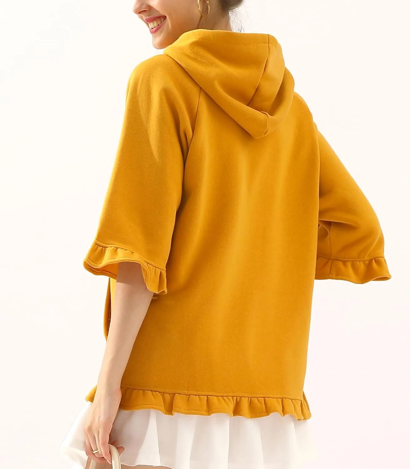 DOUBLJU 2 Pack Casual 3/4 Ruffled Sleeve Oversized Hoodie Sweatshirt Basic Loose Tops with Pocket Workout Sets for Women