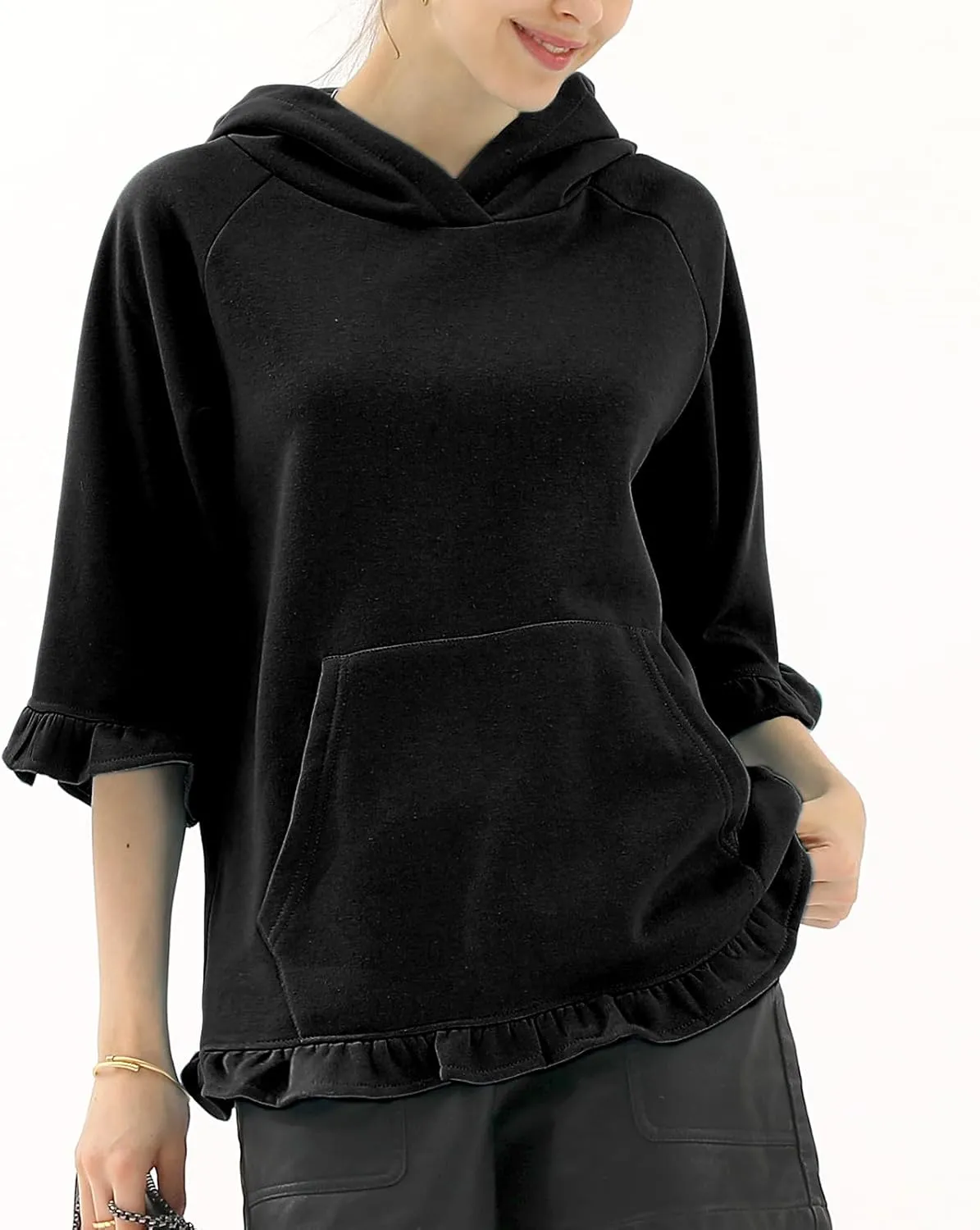 DOUBLJU 2 Pack Casual 3/4 Ruffled Sleeve Oversized Hoodie Sweatshirt Basic Loose Tops with Pocket Workout Sets for Women