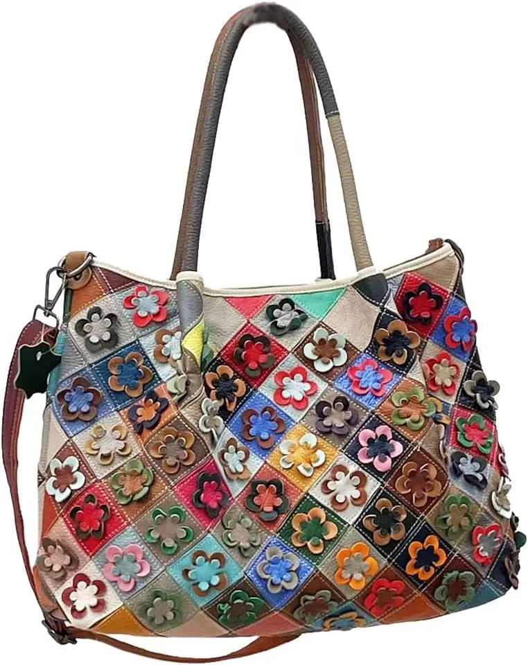 Downupdown Genuine Leather Tote Bag for Women 3D Floral Shoulder Bag Satchel Handbags Large Purses Shoulder Crossbody Bag