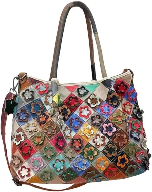 Downupdown Genuine Leather Tote Bag for Women 3D Floral Shoulder Bag Satchel Handbags Large Purses Shoulder Crossbody Bag
