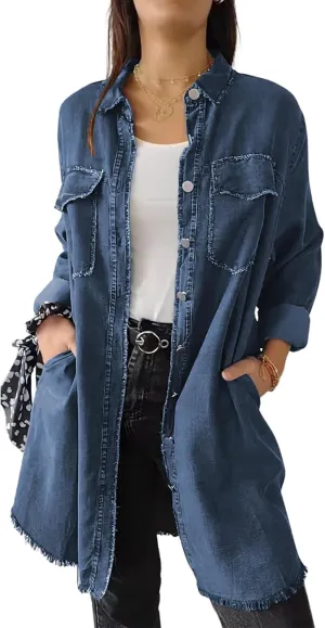 ebossy Womens Oversized Jean Jacket Casual Long Sleeve Button Down Boyfriend Distressed Denim Shirt Shacket