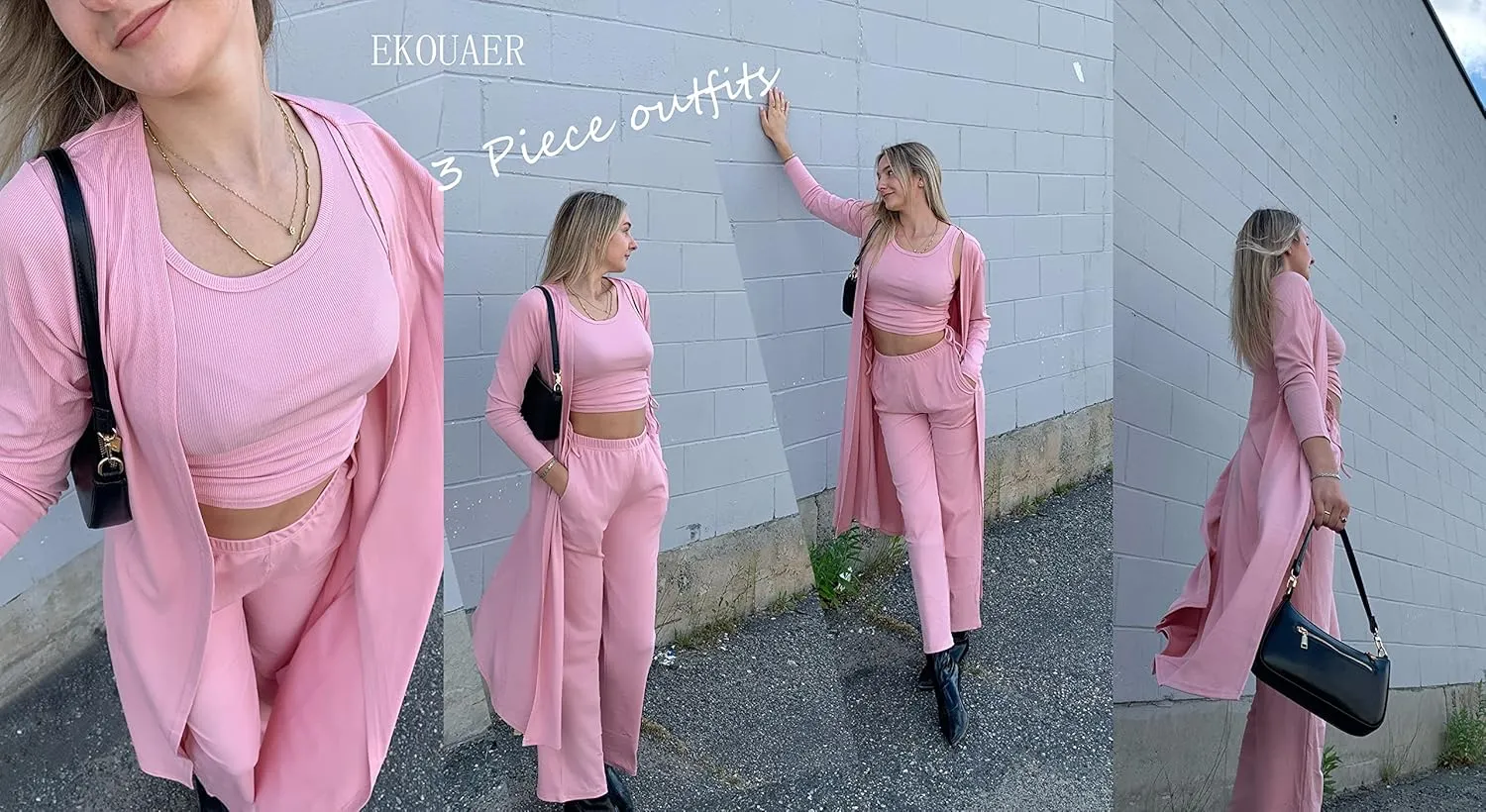 Ekouaer Women's 3 Piece Knit Lounge Set Pajama Long Sleeve Cardigan Sleeveless Top Pants Sweatsuit S-XXL