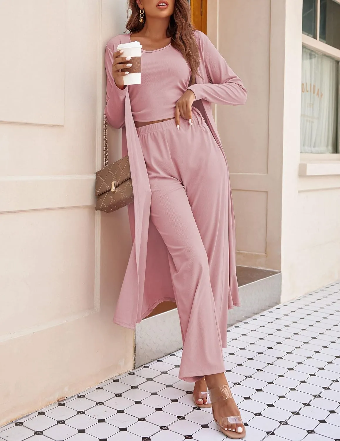 Ekouaer Women's 3 Piece Knit Lounge Set Pajama Long Sleeve Cardigan Sleeveless Top Pants Sweatsuit S-XXL