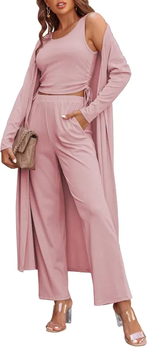 Ekouaer Women's 3 Piece Knit Lounge Set Pajama Long Sleeve Cardigan Sleeveless Top Pants Sweatsuit S-XXL