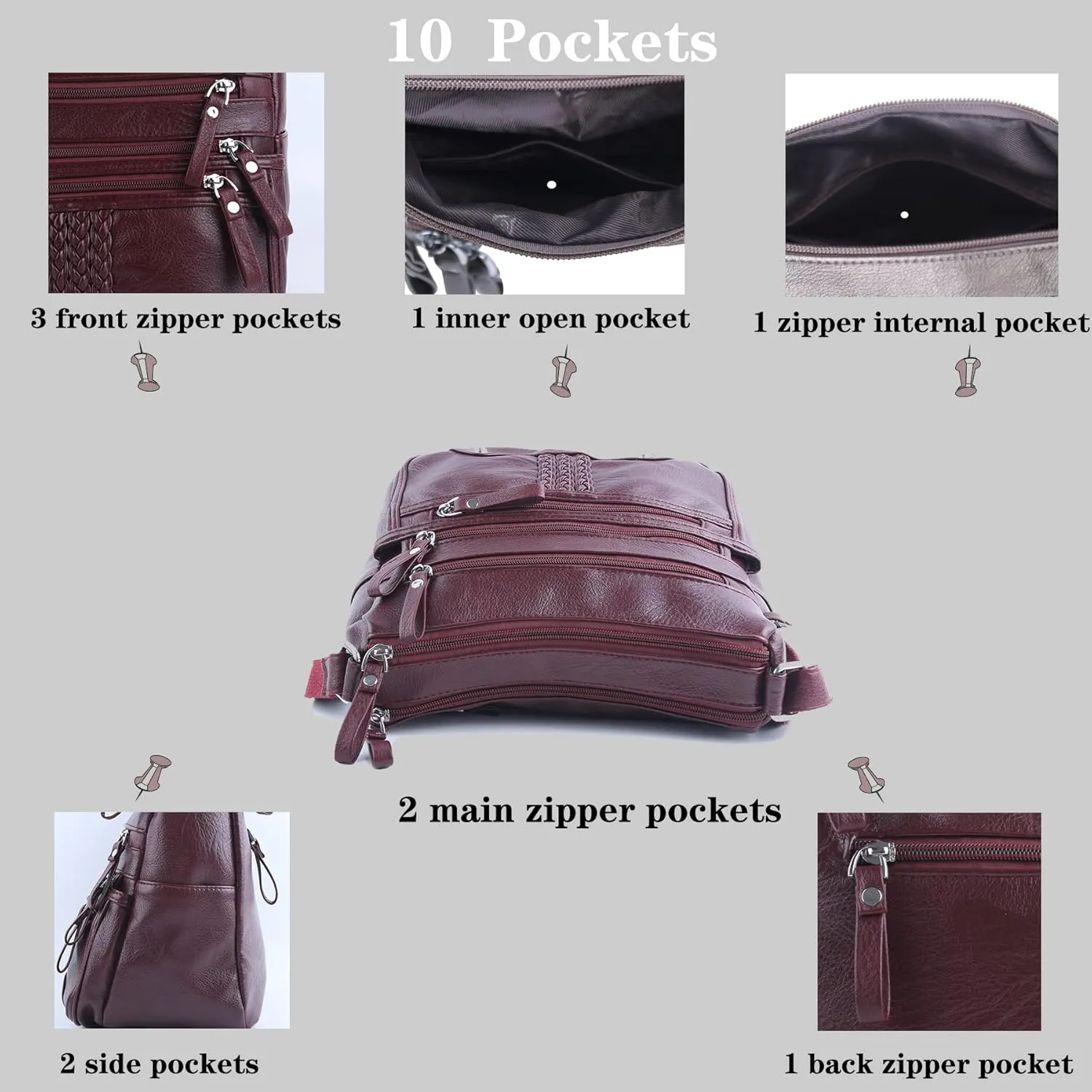 ELDA 10 Pockets Crossbody Purse for Women Medium Pocketbooks Ladies Soft PU Leather Shoulder Bag Ladies Top Handle Satchel