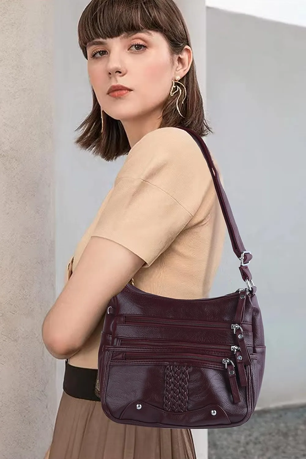ELDA 10 Pockets Crossbody Purse for Women Medium Pocketbooks Ladies Soft PU Leather Shoulder Bag Ladies Top Handle Satchel