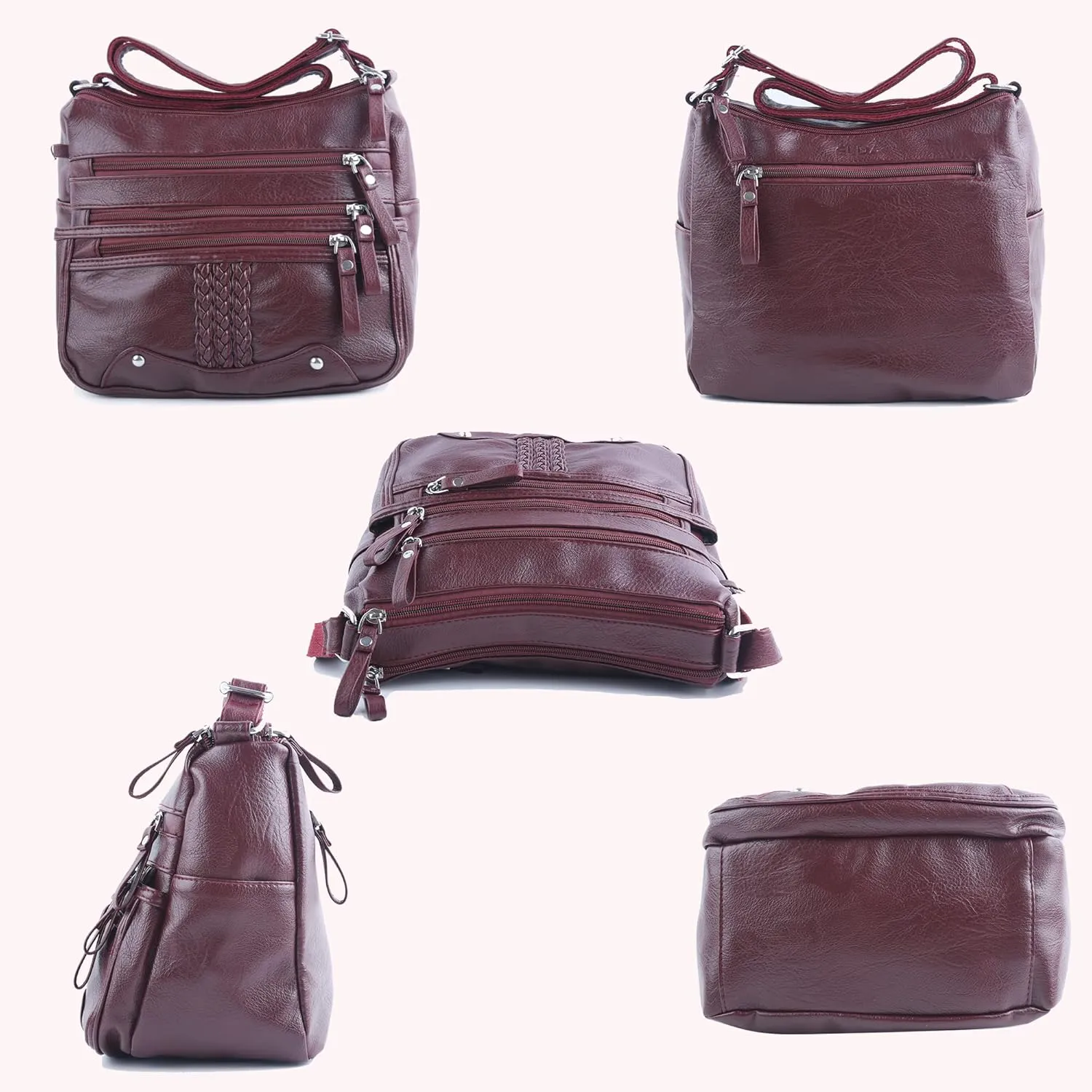 ELDA 10 Pockets Crossbody Purse for Women Medium Pocketbooks Ladies Soft PU Leather Shoulder Bag Ladies Top Handle Satchel