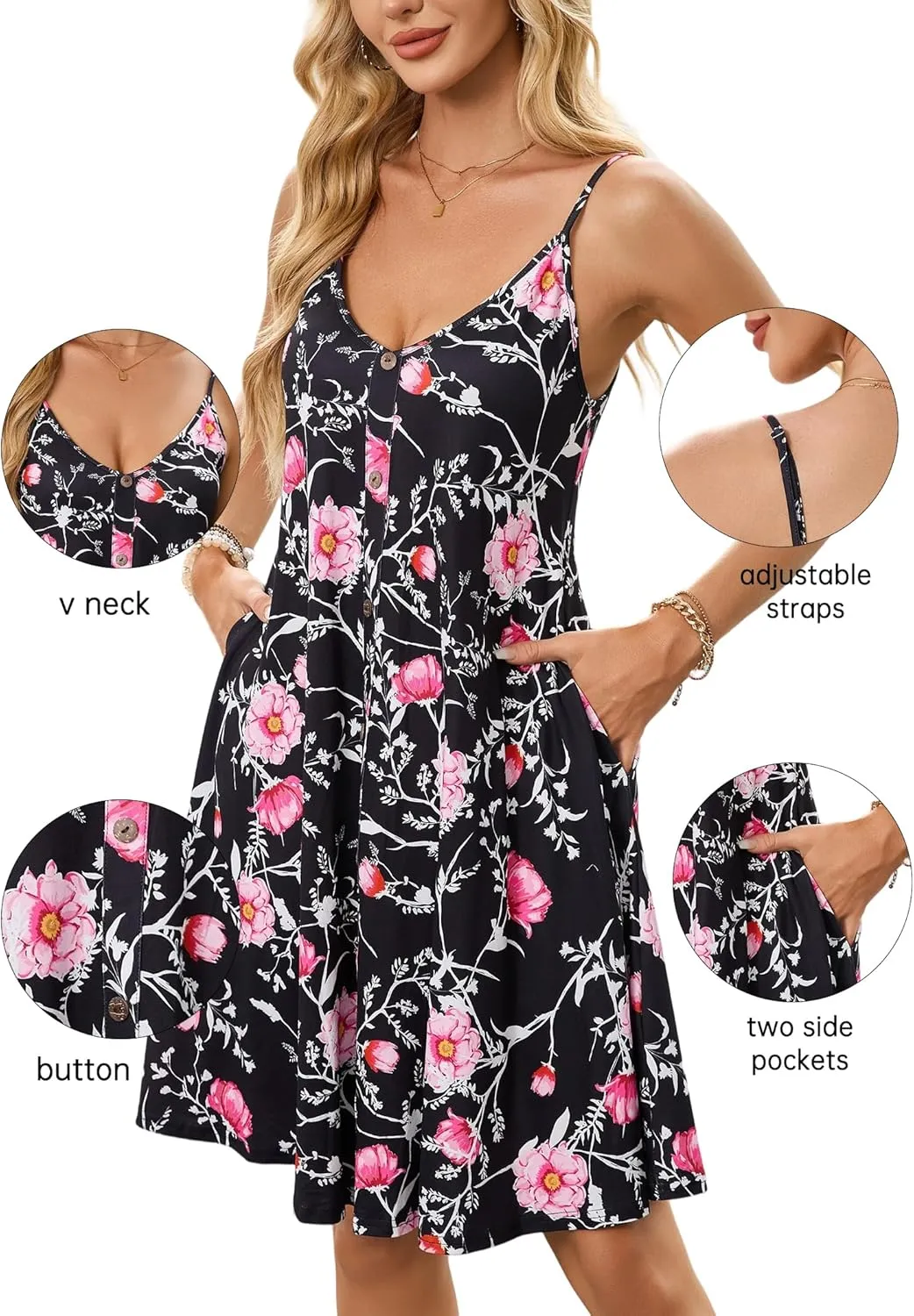 ENMAIN Womens Summer Spaghetti Strap Sun Sleeveless Button Down Causal Beach Vacation Cover Ups Dress with Pocket 2025