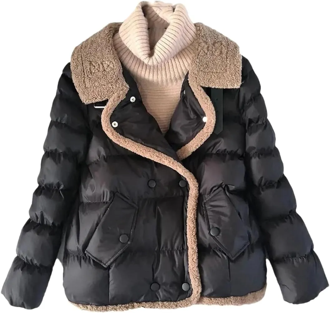 ERFMFKL Women Thicken Warm Down Cotton Coat Winter Short Puffer Jacket Lambswool Collar Padded Parkas