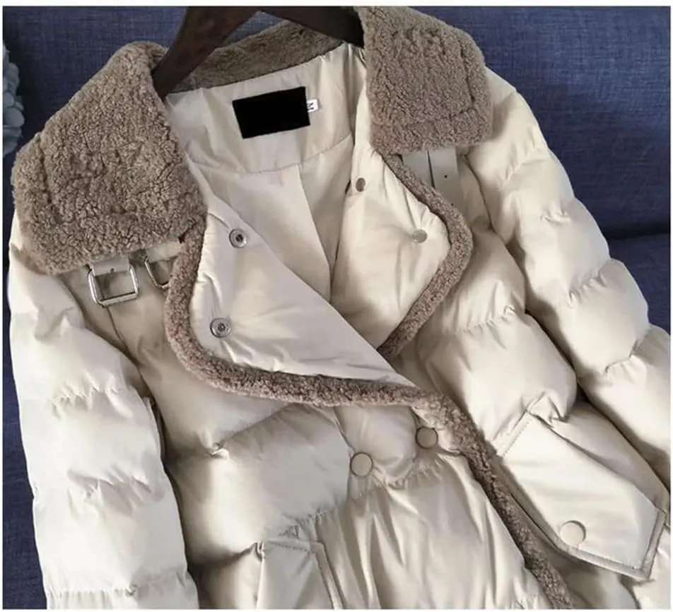 ERFMFKL Women Thicken Warm Down Cotton Coat Winter Short Puffer Jacket Lambswool Collar Padded Parkas