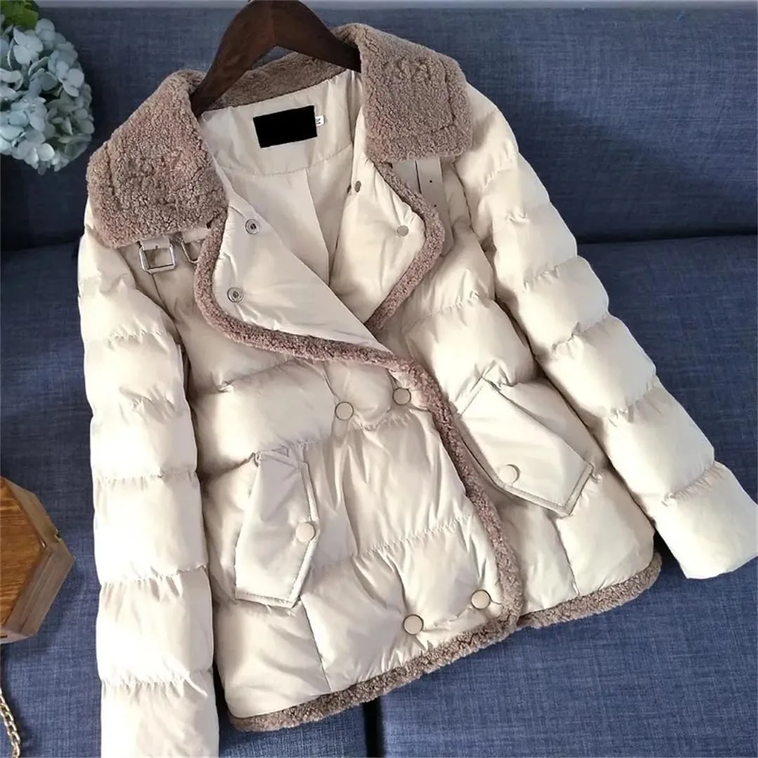 ERFMFKL Women Thicken Warm Down Cotton Coat Winter Short Puffer Jacket Lambswool Collar Padded Parkas
