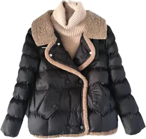 ERFMFKL Women Thicken Warm Down Cotton Coat Winter Short Puffer Jacket Lambswool Collar Padded Parkas