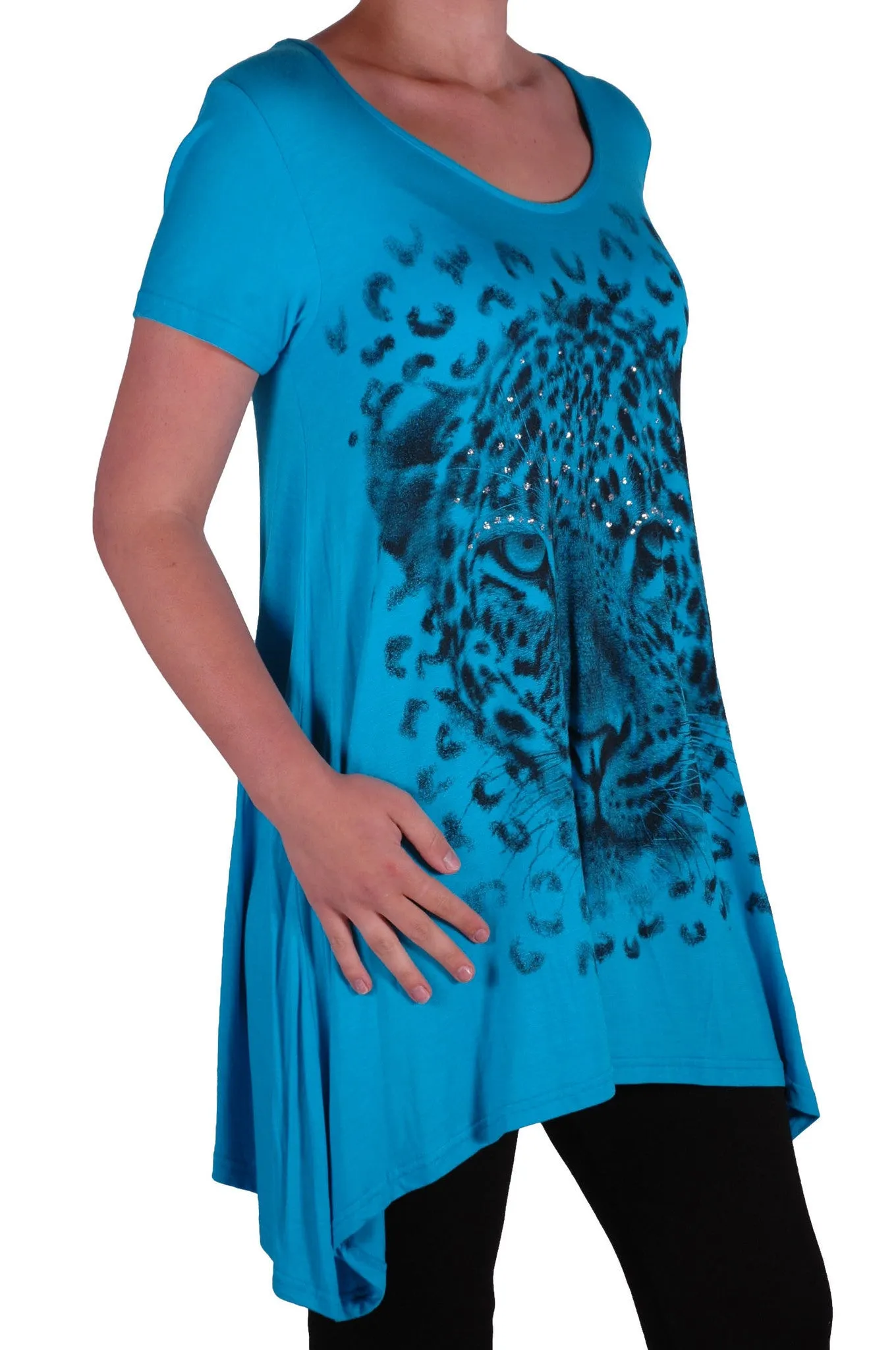 EyeCatch Plus - Ladies Graphic Tiger Long Draped Womens Sparkle Short Sleeve Stretch Top Sizes 14 - 28