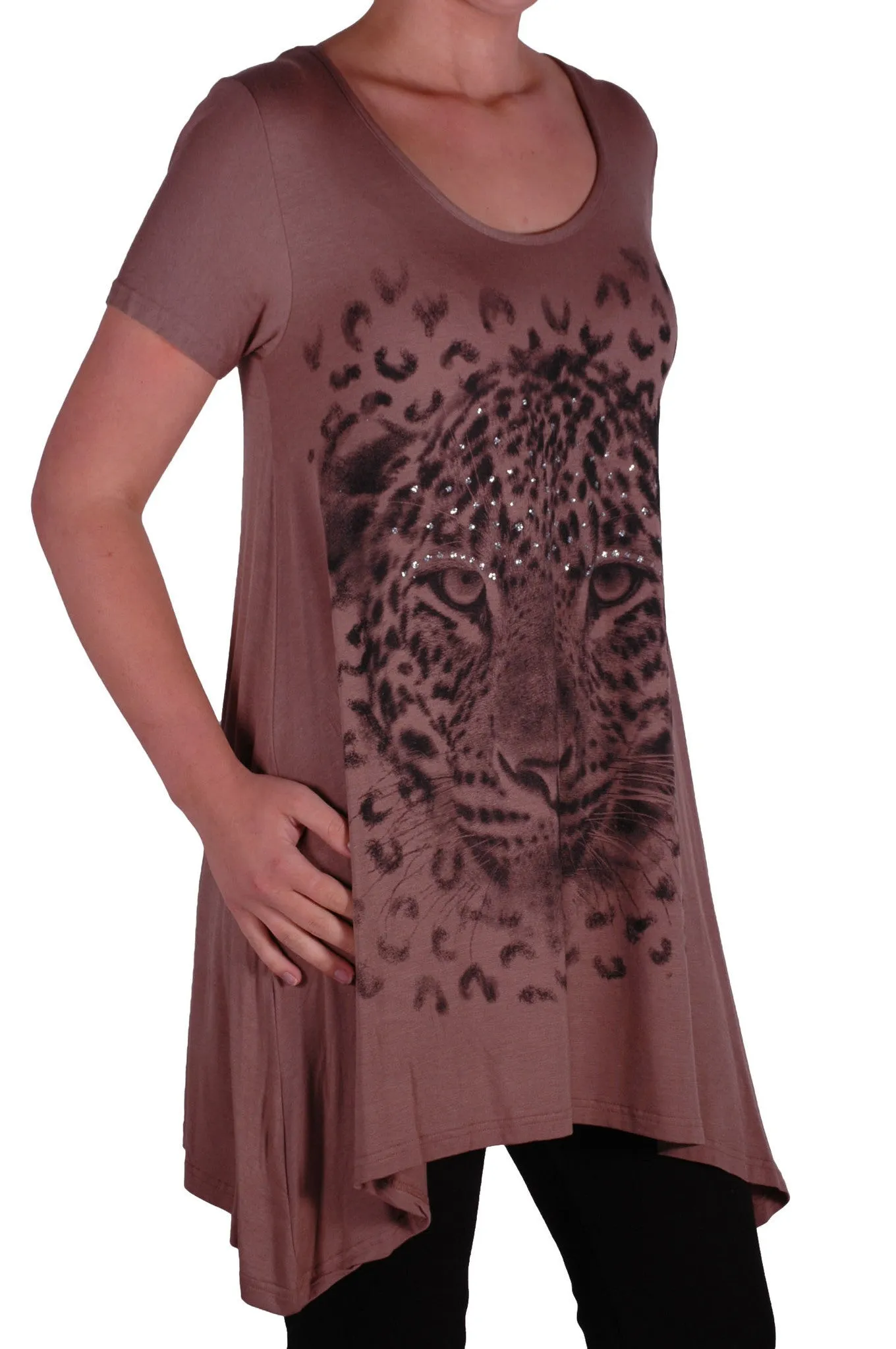 EyeCatch Plus - Ladies Graphic Tiger Long Draped Womens Sparkle Short Sleeve Stretch Top Sizes 14 - 28