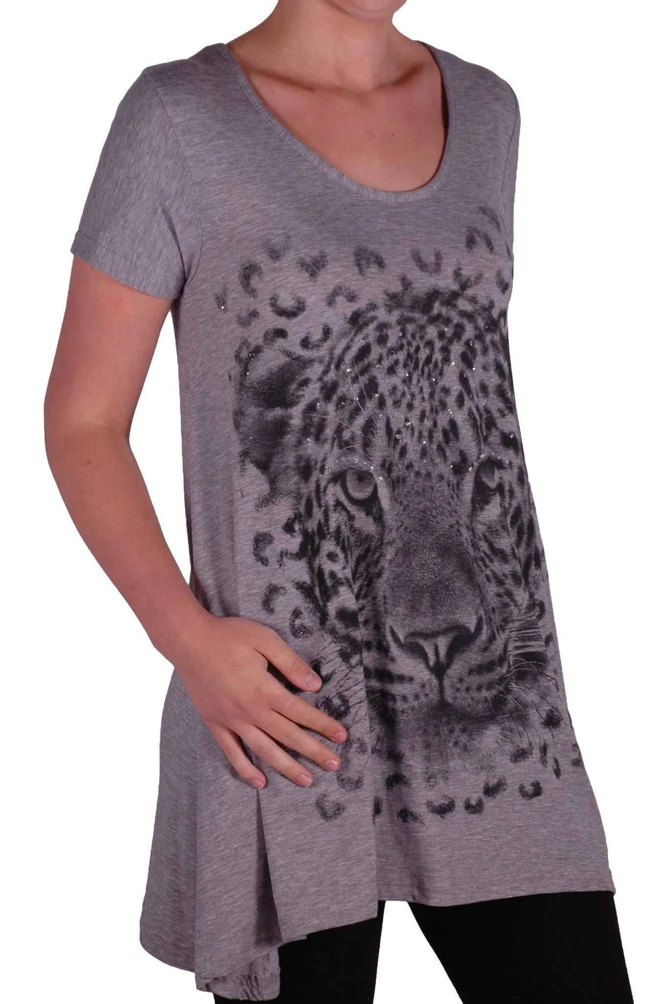 EyeCatch Plus - Ladies Graphic Tiger Long Draped Womens Sparkle Short Sleeve Stretch Top Sizes 14 - 28