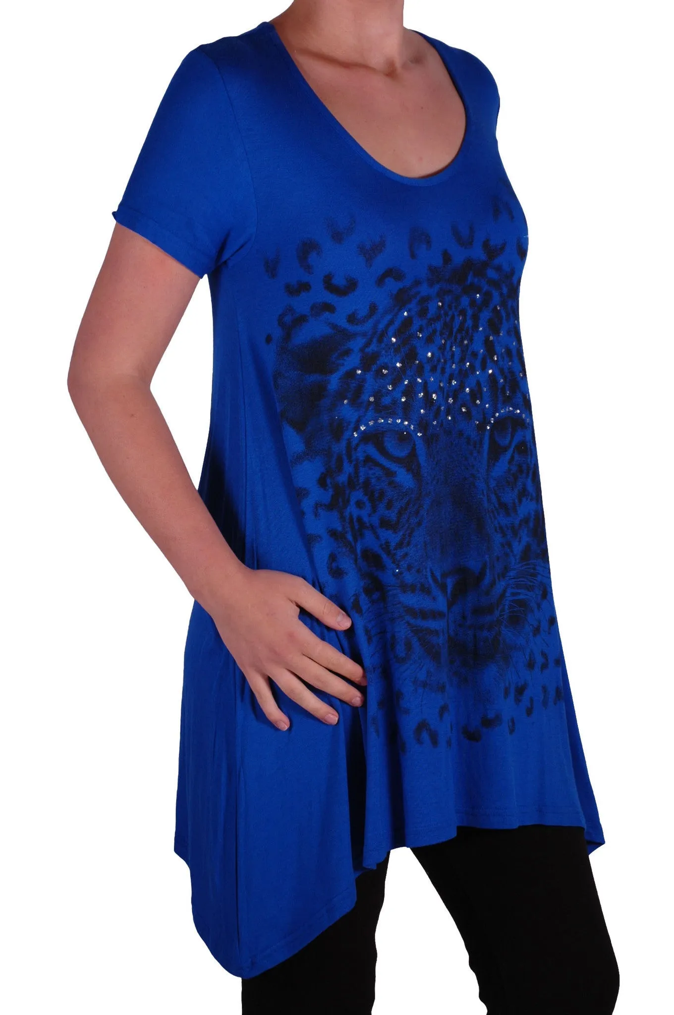 EyeCatch Plus - Ladies Graphic Tiger Long Draped Womens Sparkle Short Sleeve Stretch Top Sizes 14 - 28