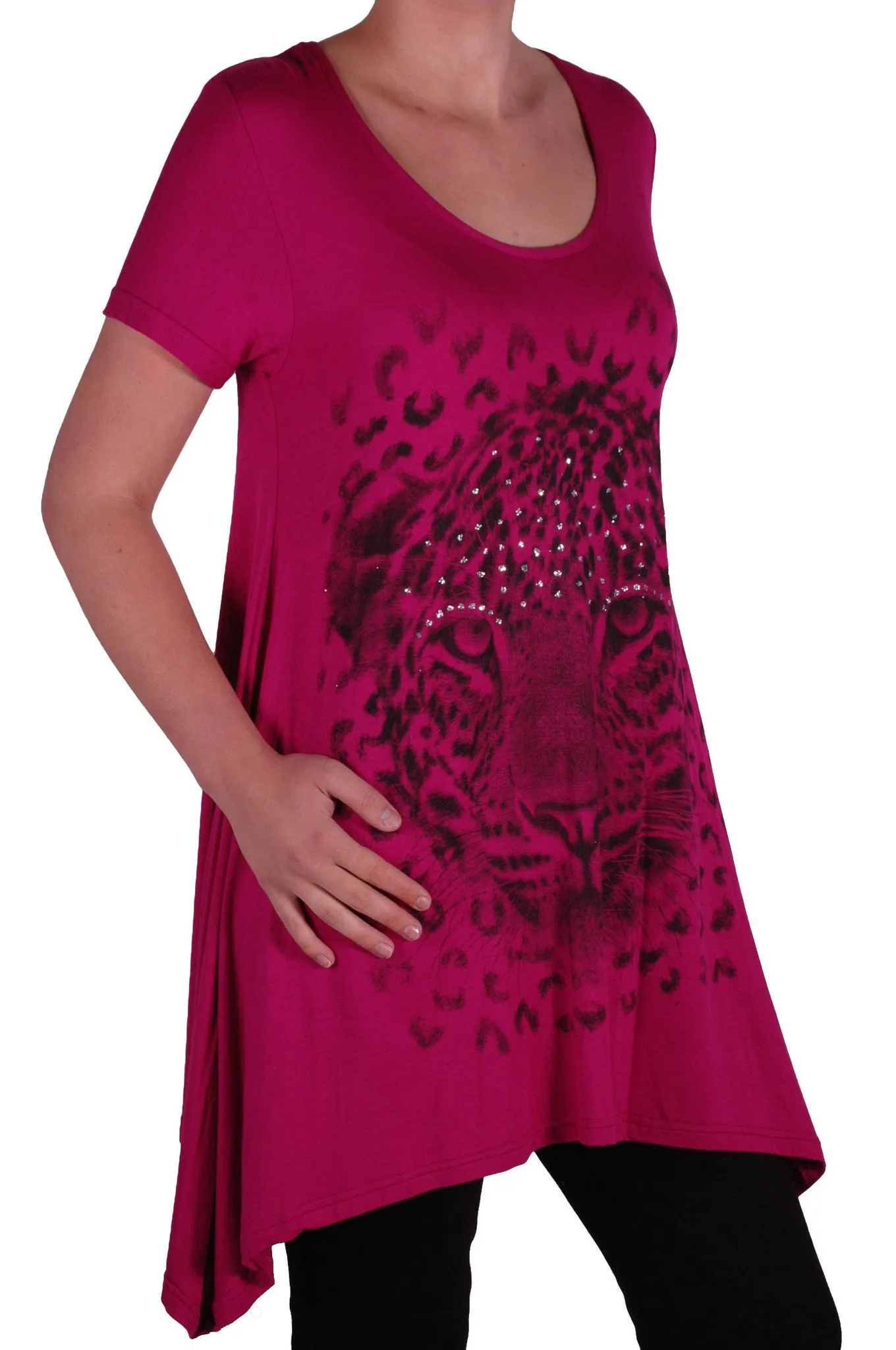 EyeCatch Plus - Ladies Graphic Tiger Long Draped Womens Sparkle Short Sleeve Stretch Top Sizes 14 - 28