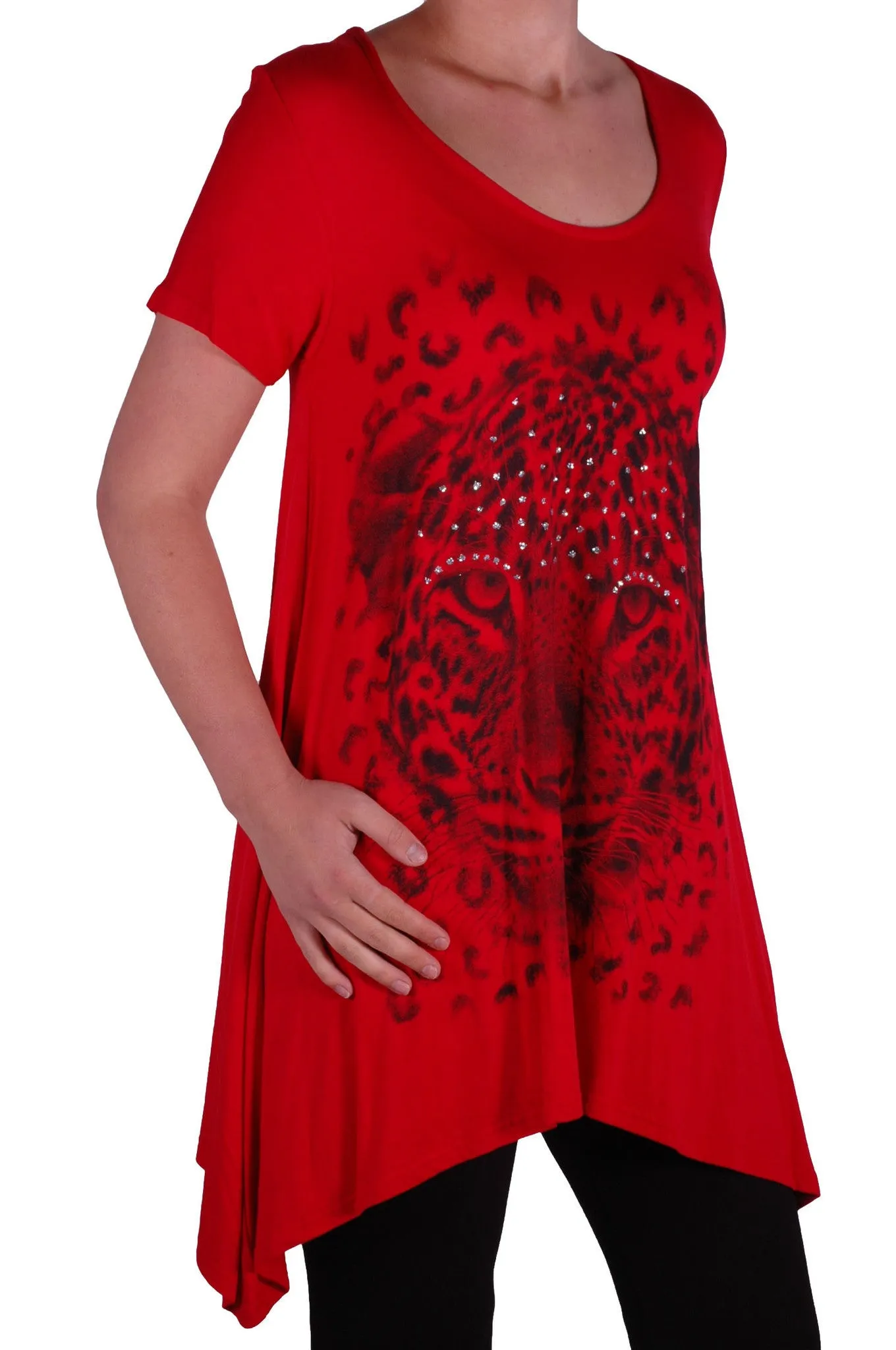 EyeCatch Plus - Ladies Graphic Tiger Long Draped Womens Sparkle Short Sleeve Stretch Top Sizes 14 - 28